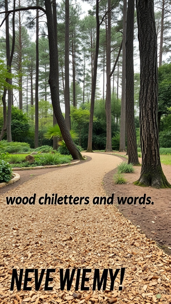 A winding walkway made of wood chips surrounded by tall trees and greenery.