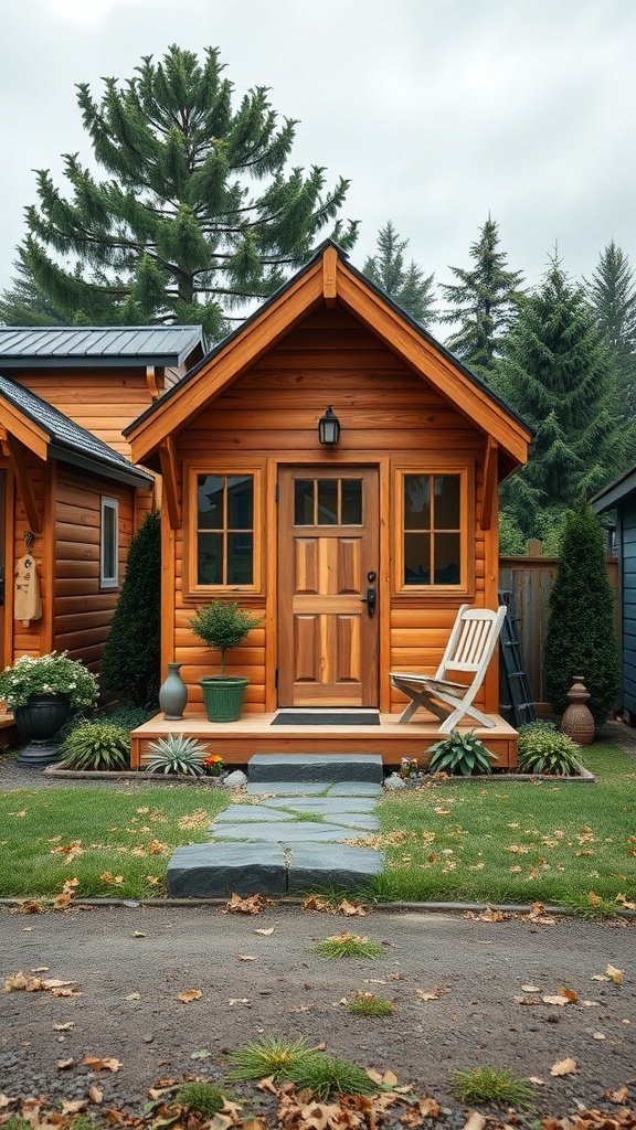 A charming tiny shed house with wooden exterior and a welcoming porch.