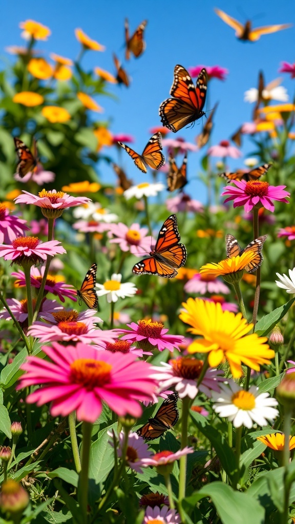 A colorful butterfly garden with various flowers and butterflies flying in a blue sky.