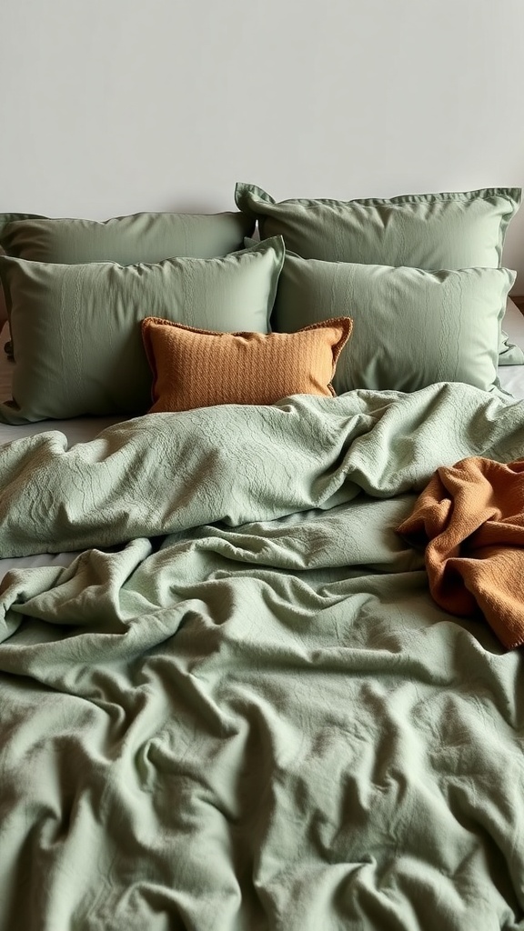 A bed with textured sage green bedding and an orange accent pillow.