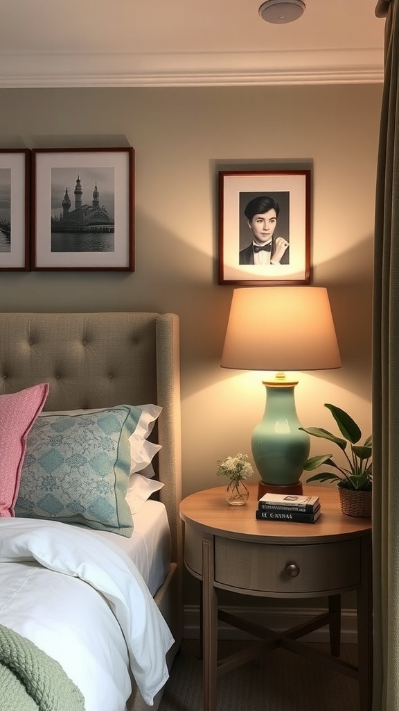 A cozy bedroom featuring a sage green lamp on a nightstand, with soft bedding and framed artwork on the wall.