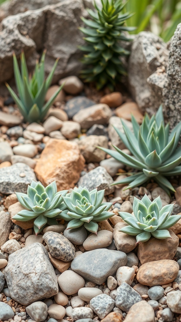 A rock garden featuring various succulents surrounded by stones.