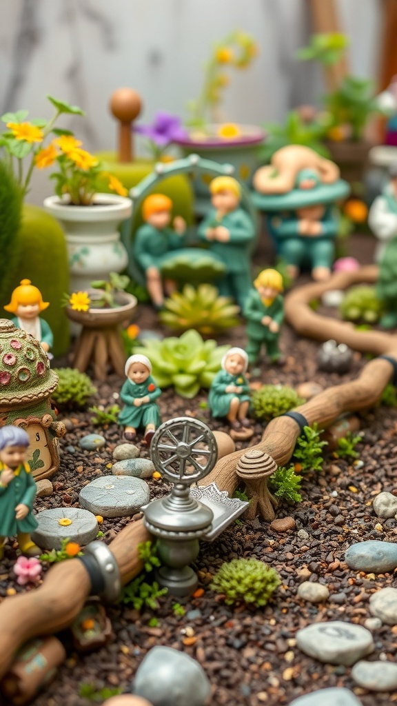 A vibrant fairy garden with tiny figurines, colorful flowers, and a winding stone path.
