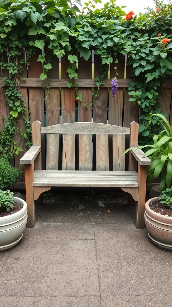 A wooden garden bench surrounded by planters filled with greenery.