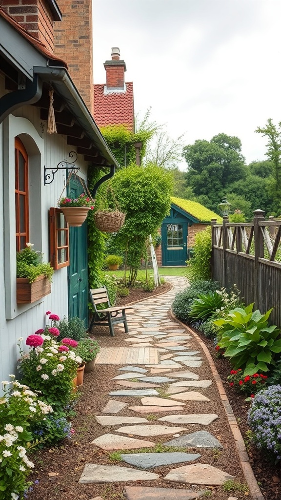 A picturesque cottage garden walkway with stone path and colorful flowers.