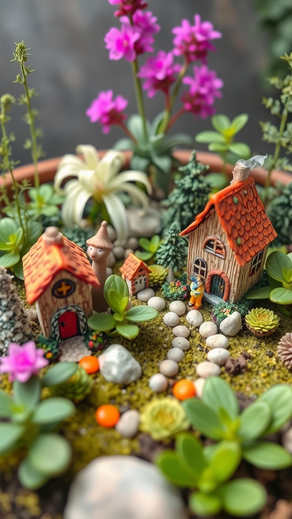 A miniature fairy garden with tiny houses, colorful flowers, and a stone pathway.