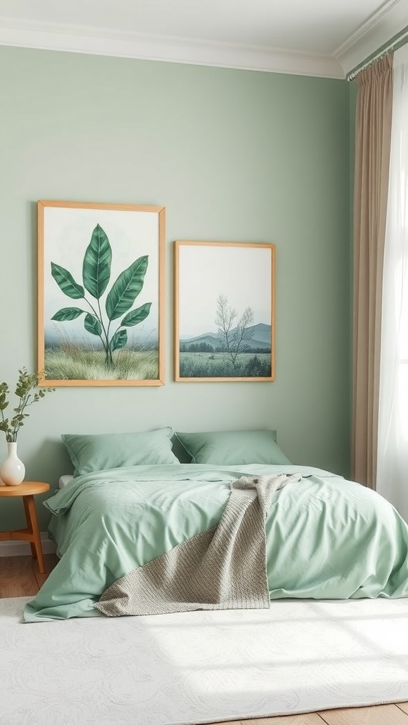 A cozy sage green bedroom featuring nature-inspired artwork and soft bedding.