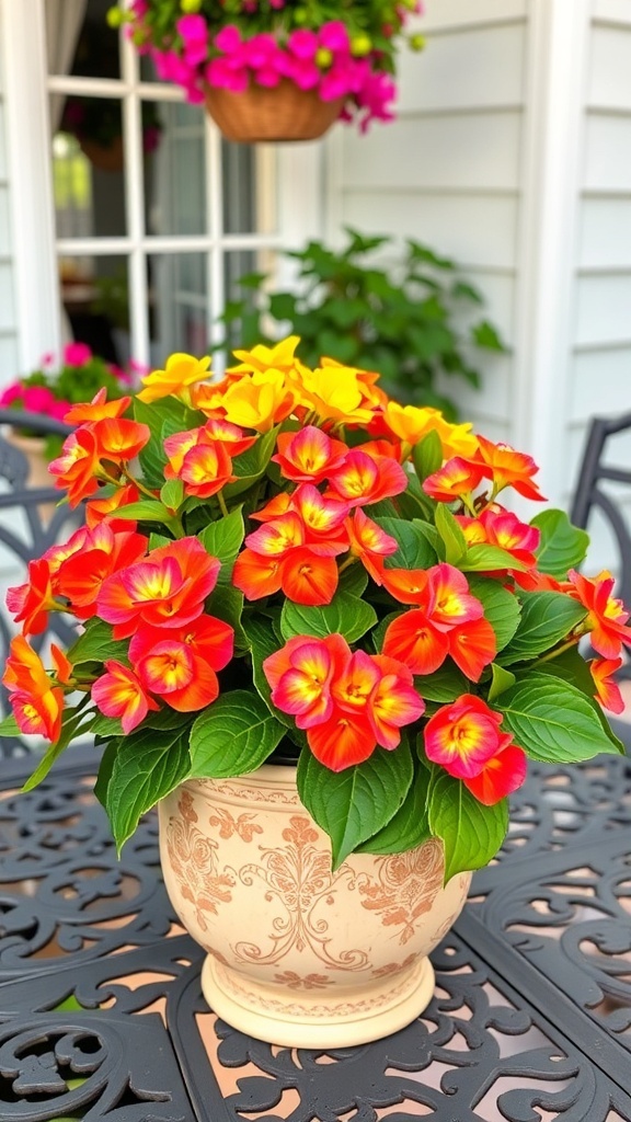 A vibrant arrangement of pink and white begonias in a checkered pot, placed on a wicker table.