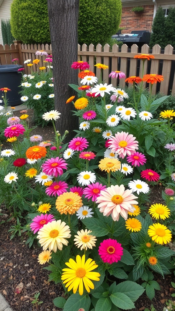 Colorful seasonal flower display with daisies and gerbera daisies in a backyard garden.