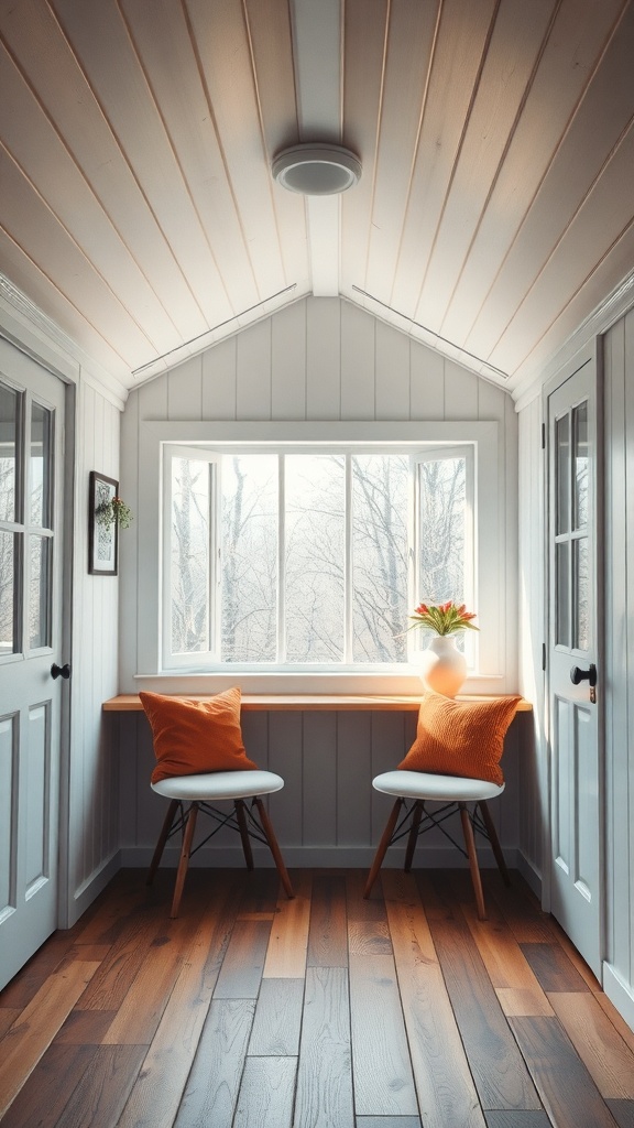 Bright and airy interior of a tiny shed house with large windows and cozy seating.