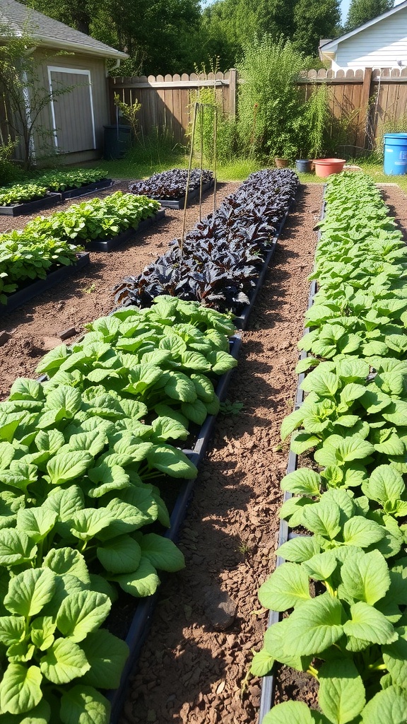 A sustainable vegetable garden with rows of green plants and orange fruits in a backyard setting.