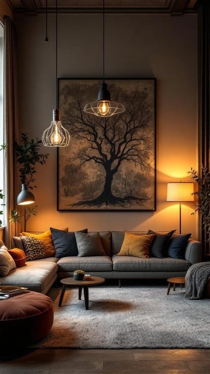 A cozy living room featuring unique lighting fixtures, a comfortable sofa with colorful pillows, and a warm atmosphere.