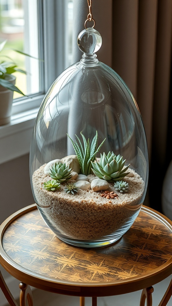 A boho chic plant terrarium featuring greenery, stones, and sand under a glass dome.