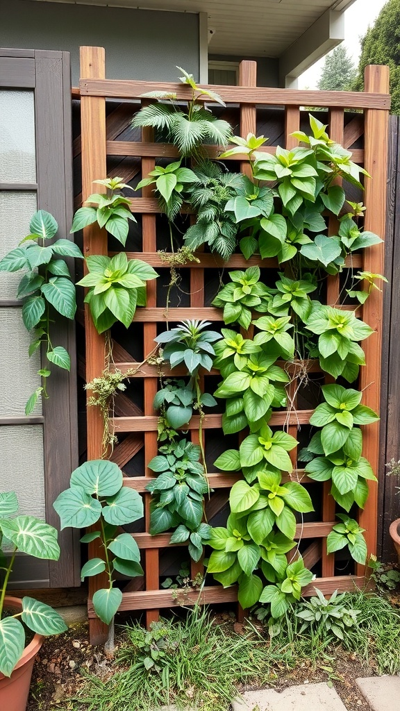 A wooden trellis with various green plants climbing on it, showcasing vertical gardening.