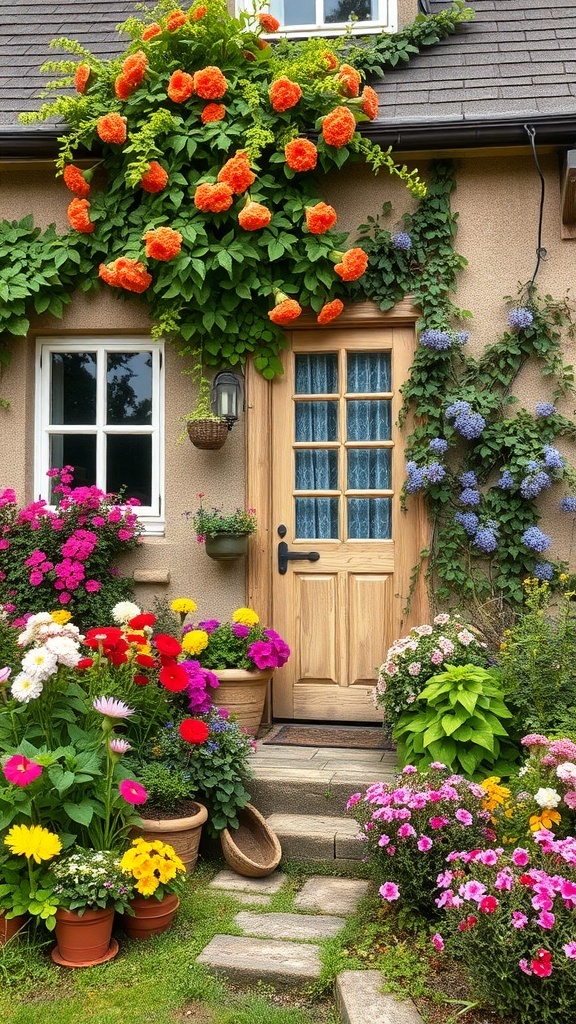 Charming English cottage with a vibrant flower garden, featuring colorful blooms and a welcoming entrance.