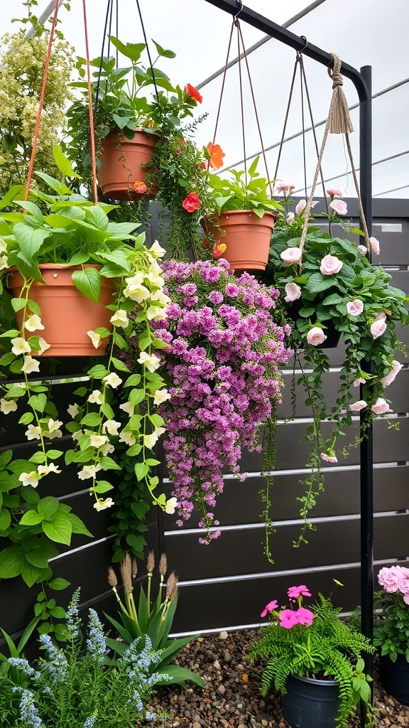 Colorful hanging planters with flowers and greenery in a backyard garden