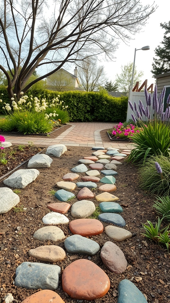 A colorful stone path winding through a lush garden with flowers and a tree.