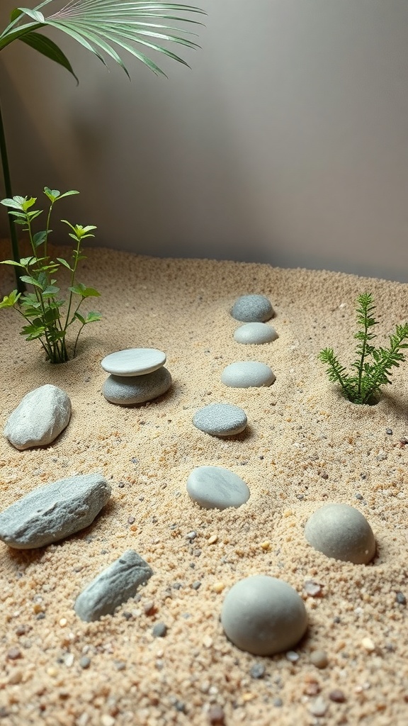A mini Zen garden with stones and plants in sandy soil