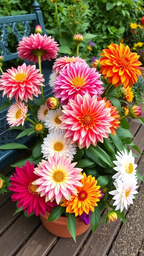 Colorful dahlias in shades of pink, yellow, and white arranged in a container