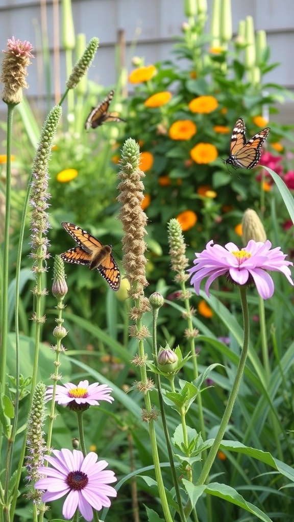 A vibrant backyard garden with butterflies fluttering among colorful flowers.