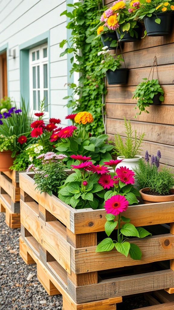 Colorful flowers in repurposed wooden pallet planters