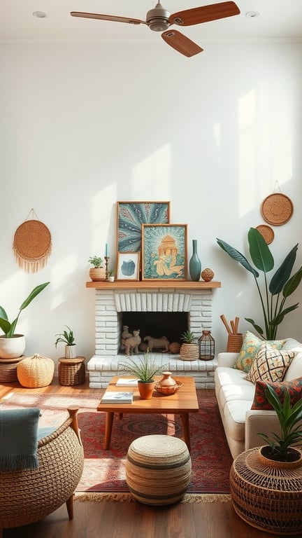A cozy boho living room featuring artisan crafted decor, including woven baskets, colorful cushions, and plants.