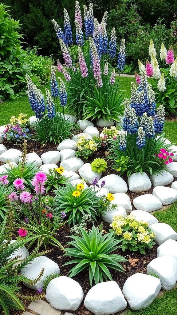 A beautifully landscaped garden featuring white stone borders, vibrant flowers, and lush greenery.