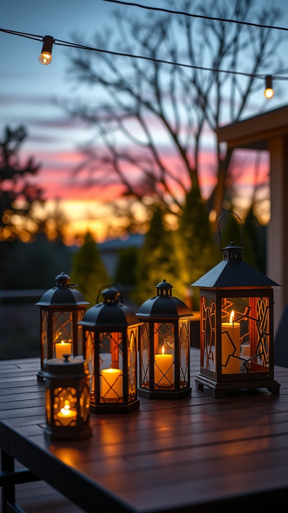 A collection of decorative lanterns on a patio table, glowing warmly against a sunset backdrop.