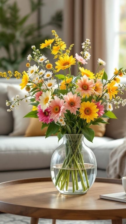 A clear glass vase filled with colorful fresh flowers, including daisies and sunflowers, on a wooden coffee table in a cozy living room.