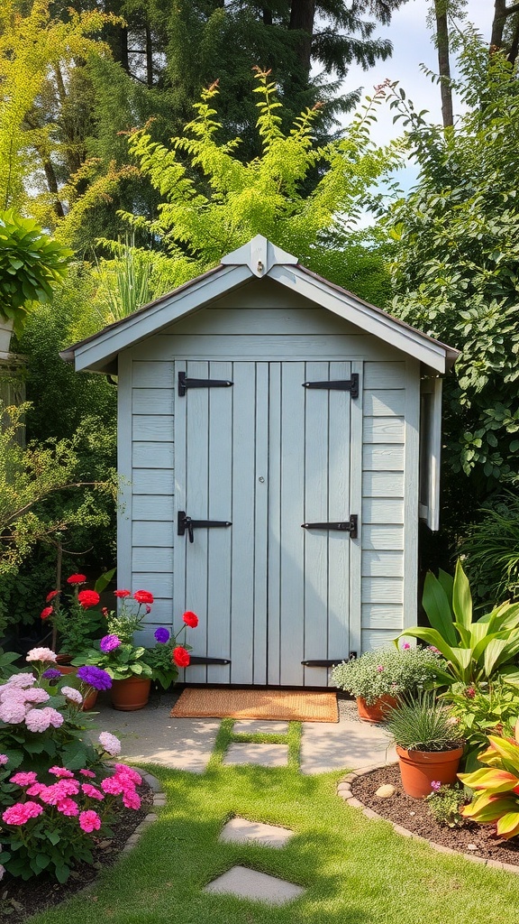 A charming blue garden shed surrounded by colorful flowers and a stone pathway.
