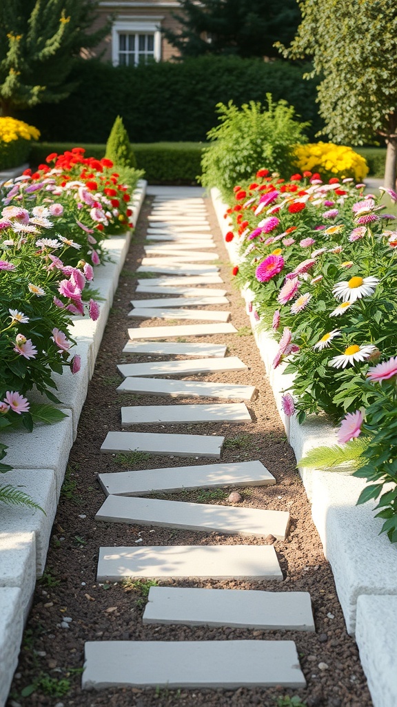 A garden pathway bordered by white stones and colorful flowers