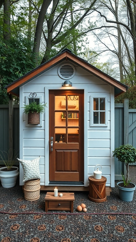 A charming two-story shed house with a welcoming entrance, featuring potted plants and cozy decor.