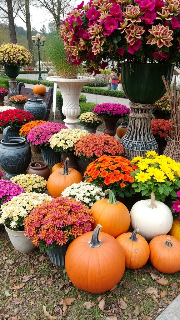 A vibrant autumn flower display featuring colorful chrysanthemums and pumpkins.