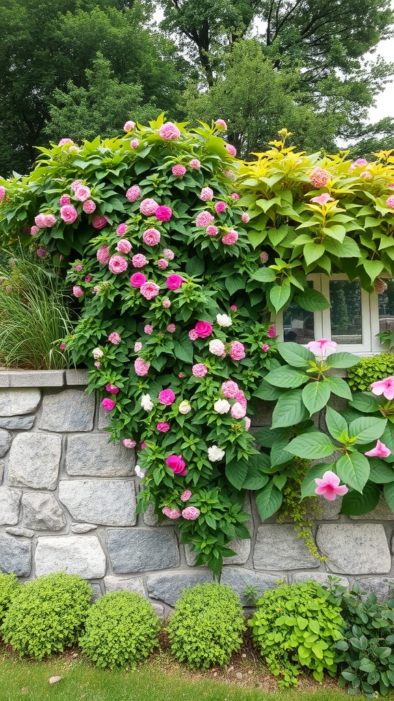 A stone wall covered with ivy and surrounded by colorful flowers.