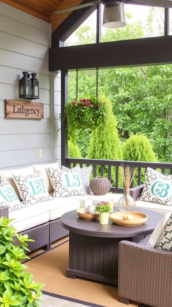 A cozy patio area with personalized decor including custom pillows and signs.