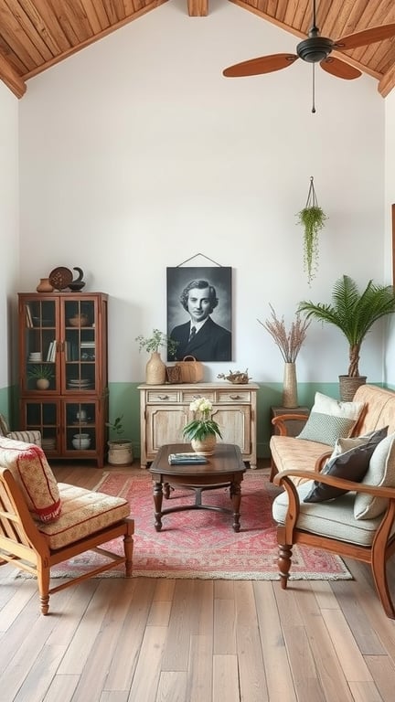A cozy living room featuring vintage furniture, including a wooden coffee table, armchair, and cabinet, with plants and a decorative rug.