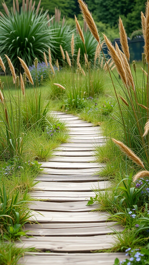 A rustic wooden plank walkway surrounded by tall grass and plants.