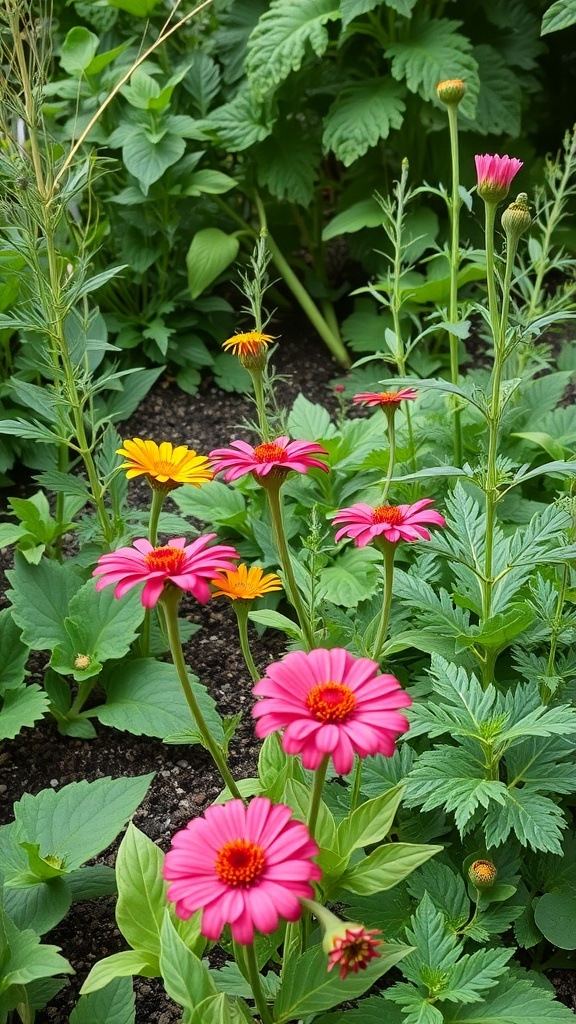 Colorful zinnias growing alongside green vegetable plants in a garden.