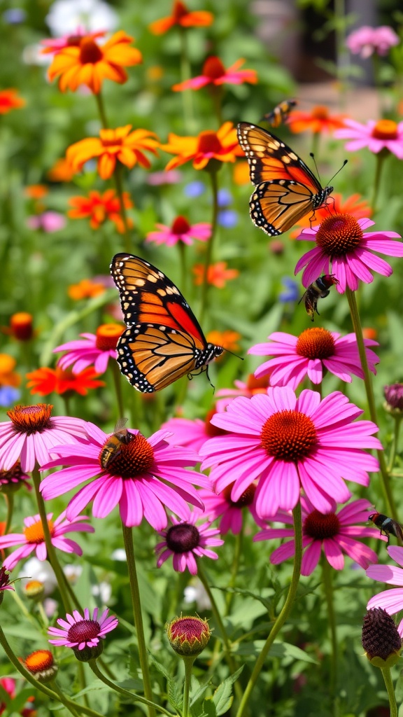 A colorful butterfly and pollinator garden filled with various flowers and butterflies.