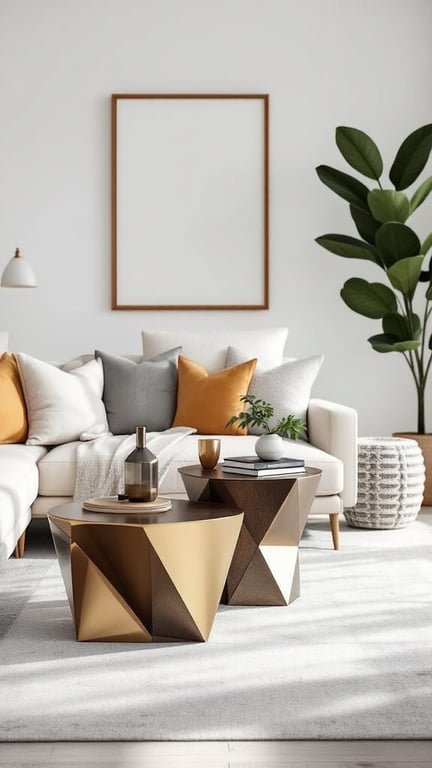 A modern living room featuring geometric accent tables in gold and dark finishes, a light-colored sofa, and decorative cushions.