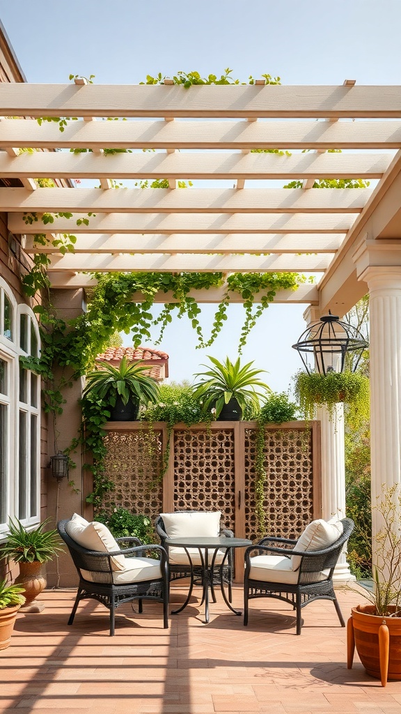 A beautiful patio with a pergola covered in greenery, featuring comfortable seating and a small table.