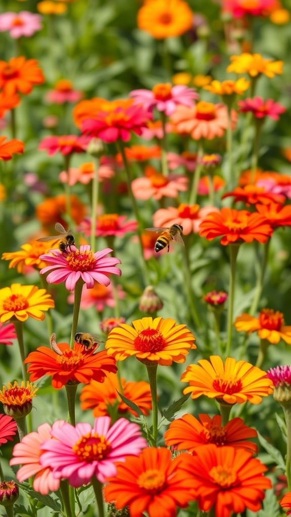 A colorful zinnia garden with bees pollinating the flowers.