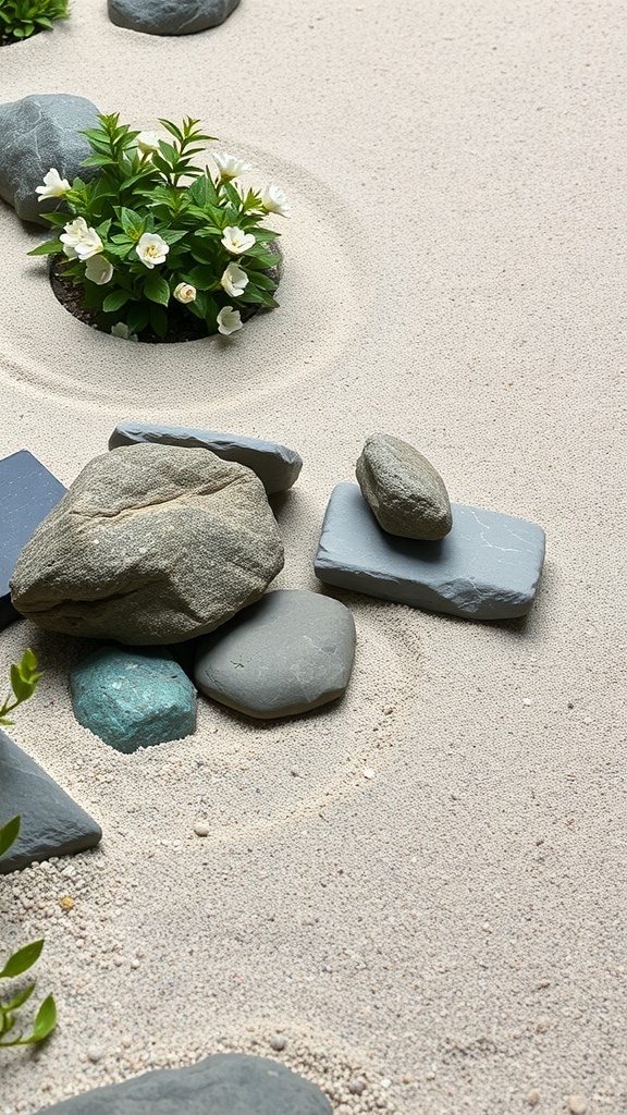 A serene Zen garden featuring smooth stones, soft sand, and delicate white flowers.