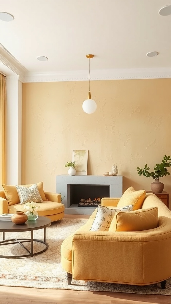 A pale yellow living room with textured wall treatments, featuring raised elements and cozy furniture.