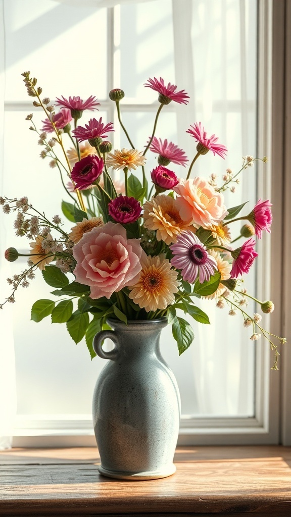 A charming vintage flower arrangement in a blue vase with various colorful flowers