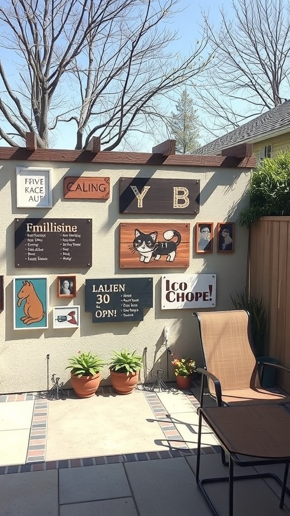 A creative wall art display on a patio featuring various signs and paintings.