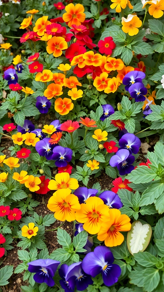 Colorful mix of edible flowers including pansies and nasturtiums in a garden