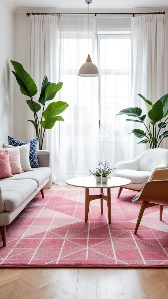 A cozy living room featuring a pink geometric rug, light-colored furniture, and indoor plants.