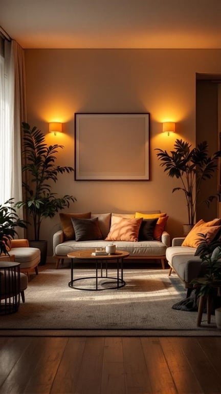 A cozy living room with soft lighting, featuring a neutral sofa, colorful cushions, plants, and a round coffee table.
