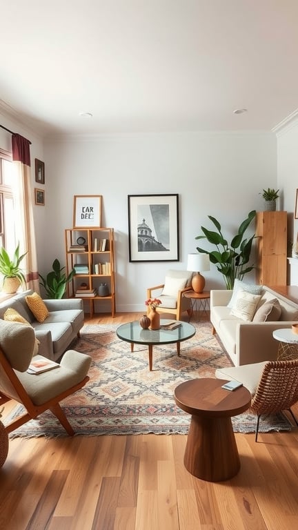 A cozy boho living room featuring a mix of furniture styles, including a modern sofa, vintage chairs, and a round glass coffee table on a patterned rug.